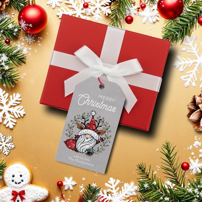 Whimsischer Weihnachtsgnome-Gefallen Geschenkanhänger (Whimsical Christmas gnome elf on silver favor gift tags)