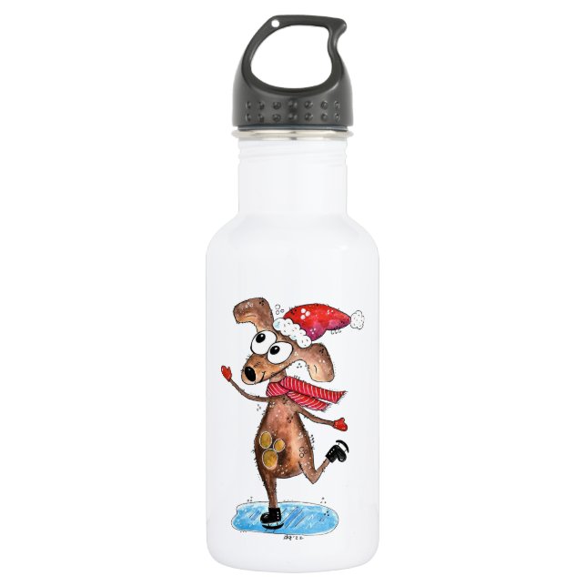 Whimsischer Weihnachtshund auf Eis-Skaten Edelstahlflasche (Vorderseite)