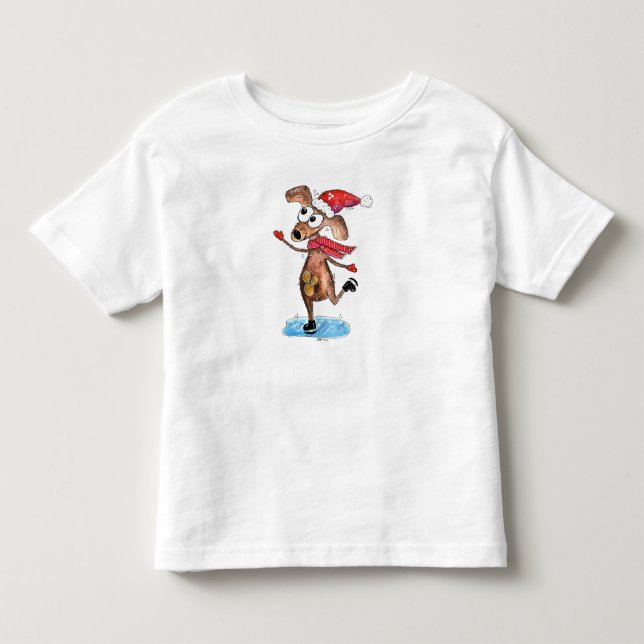 Whimsischer Weihnachtshund auf Eis-Skaten Kleinkind T-shirt (Vorderseite)
