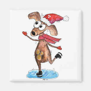 Whimsischer Weihnachtshund auf Eis-Skaten Magnet
