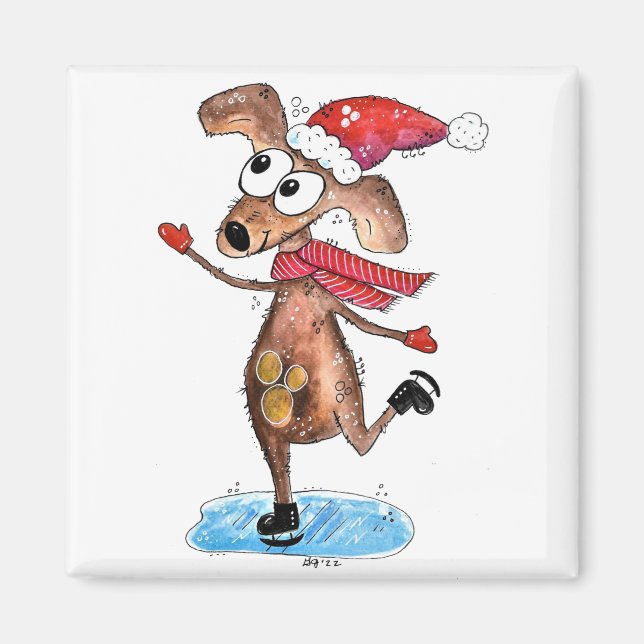 Whimsischer Weihnachtshund auf Eis-Skaten Magnet (Vorne)