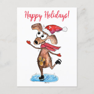 Whimsischer Weihnachtshund auf Eis-Skaten Postkarte