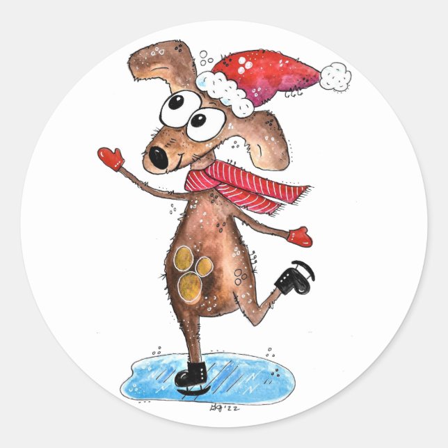 Whimsischer Weihnachtshund auf Eis-Skaten Runder Aufkleber (Vorderseite)