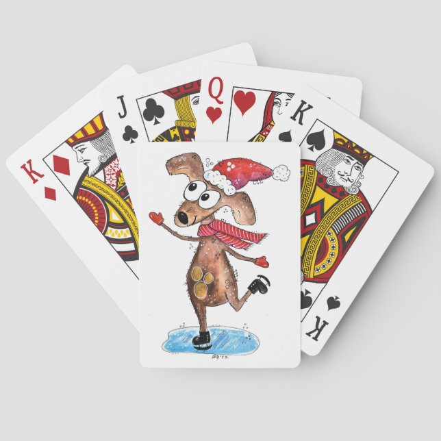 Whimsischer Weihnachtshund auf Eis-Skaten Spielkarten (Rückseite)