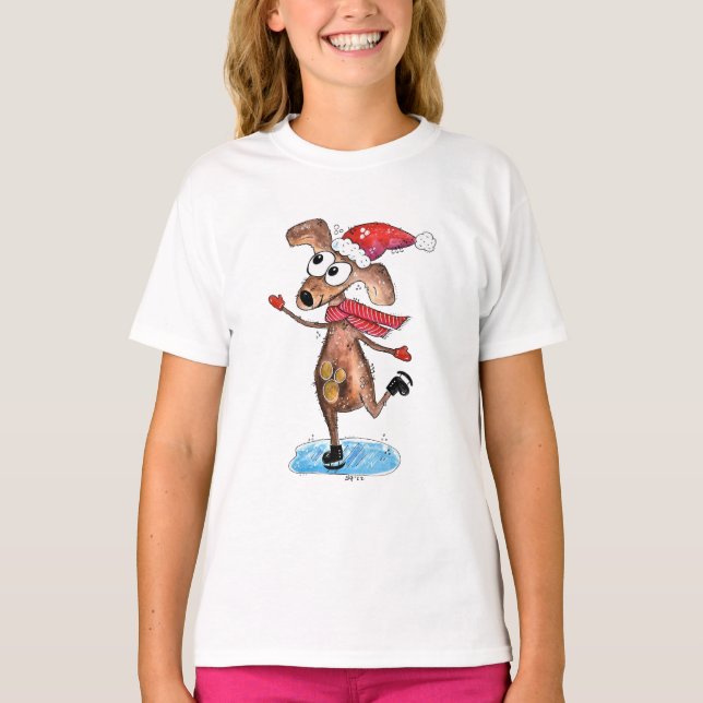 Whimsischer Weihnachtshund auf Eis-Skaten T-Shirt (Vorderseite)