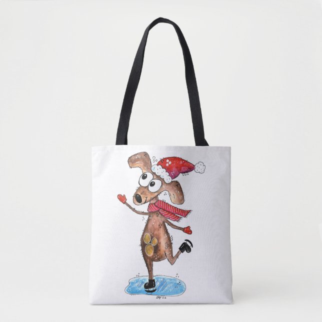 Whimsischer Weihnachtshund auf Eis-Skaten Tasche (Vorderseite)