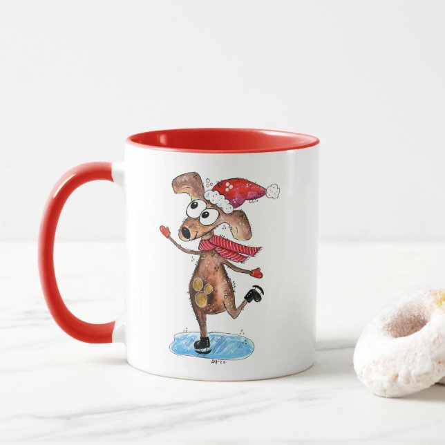Whimsischer Weihnachtshund auf Eis-Skaten Tasse (Mit Donut)