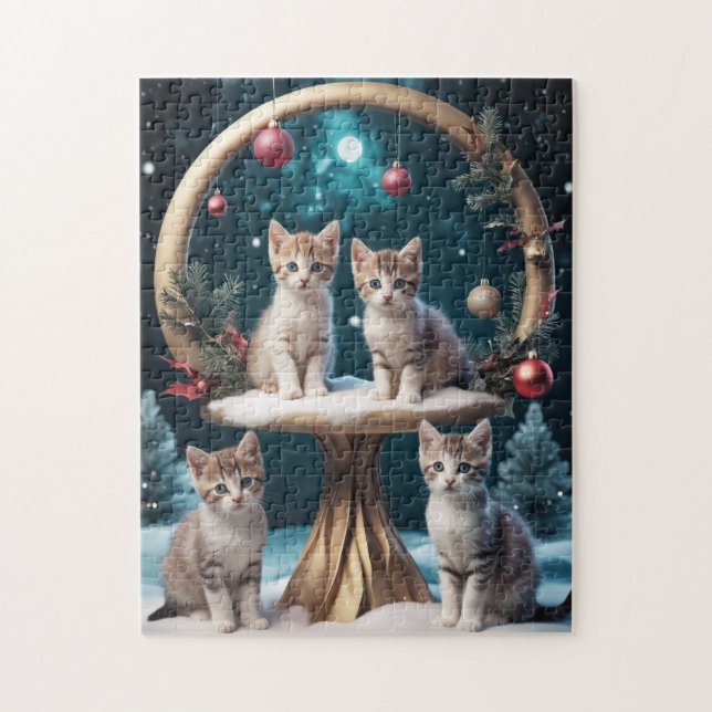 Whimsischer Weihnachtskittens auf Gold Stand (Vertikal)