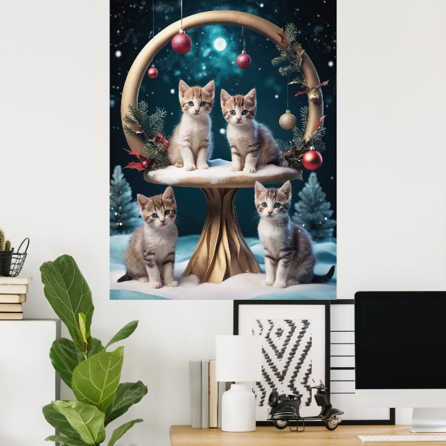 Whimsischer Weihnachtskittens auf Gold Stand Poster (Heimbüro)