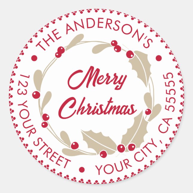 Whimsischer Weihnachtskranz | rot und weiß Runder Aufkleber (Vorderseite)