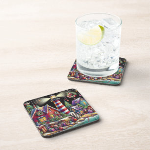 Whimsischer WeihnachtsLeuchtturm Rotes Rosa Lila Getränkeuntersetzer