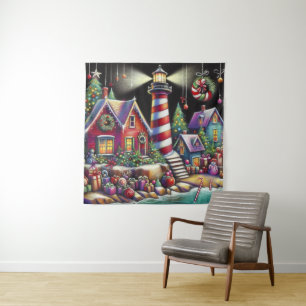 Whimsischer WeihnachtsLeuchtturm Rotes Rosa Lila Wandteppich