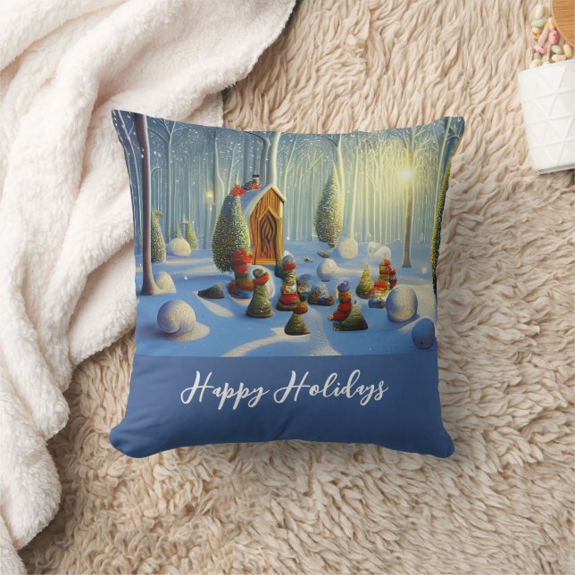 Whimsischer Weihnachtswald Szene Kissen (Decke)