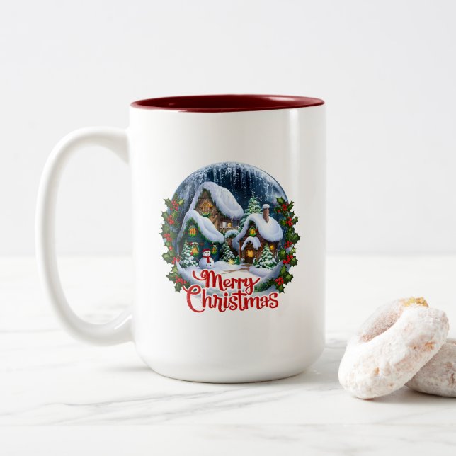 Whimsischer Winter Village Snow Globe Zweifarbige Tasse (Mit Donut)