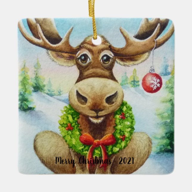 Whimsischer Winter Weihnachten Wasserfarbe Kunst Keramikornament (Vorderseite)