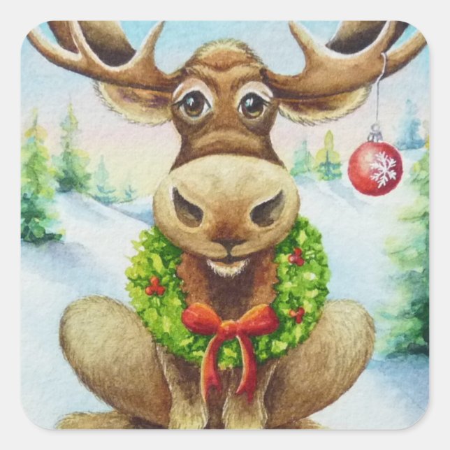 Whimsischer Winter Weihnachten Wasserfarbe Kunst Quadratischer Aufkleber (Vorderseite)