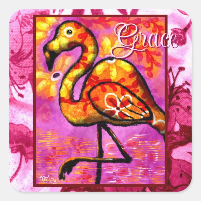 Whimsisches Abstrakt Flamingo Floral Orange Gelb Quadratischer Aufkleber (Vorderseite)