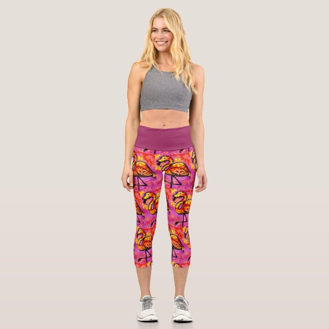 Whimsisches Abstrakt Flamingo Rosa Orange Floral Capri Leggings (Vorderseite)