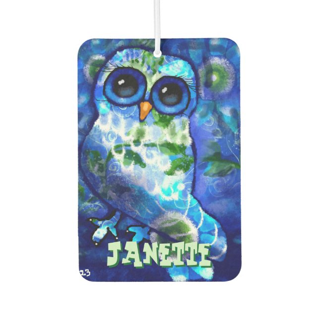 Whimsisches Abstraktes Owl Blue Green Personalisie Autolufterfrischer (Vorderseite)