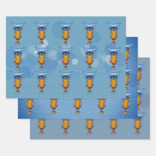 Whimsisches Abstraktes Owls Blaue Augen Farbenfroh Geschenkpapier Set
