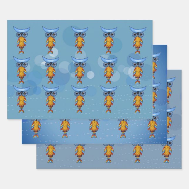 Whimsisches Abstraktes Owls Blaue Augen Farbenfroh Geschenkpapier Set (Set)