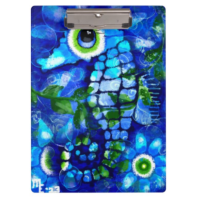 Whimsisches Abstraktes Seepferd Blau Aquamarin grü Klemmbrett (Vorderseite)