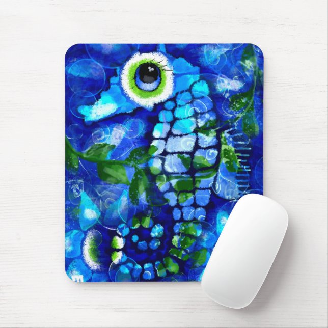 Whimsisches Abstraktes Seepferd Blau Aquamarin grü Mousepad (Mit Mouse)