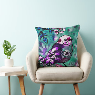 Whimsisches Abstraktes Vogelfloral Aquamarin Lila Kissen