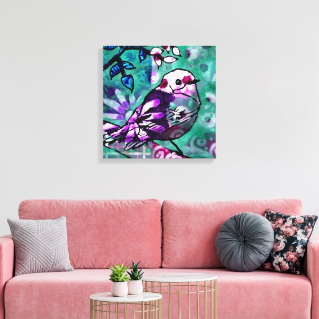 Whimsisches Abstraktes Vogelfloral Aquamarin Lila Leinwanddruck (Insitu (Wohnzimmer))