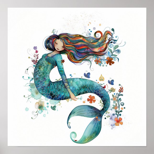 Whimsisches Aquarell Meerjungfrau Kunst drucken Poster (Vorne)