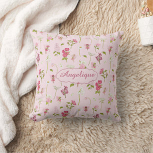 Whimsisches Aquarell und Blume rosa Kissen