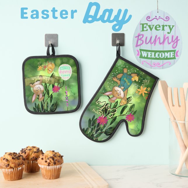 Whimsisches Aquarellbunny Ofenhandschuh & Topflappen-Set (Whimsical Watercolor Bunny Oven Mitt & Pot Holder Set)