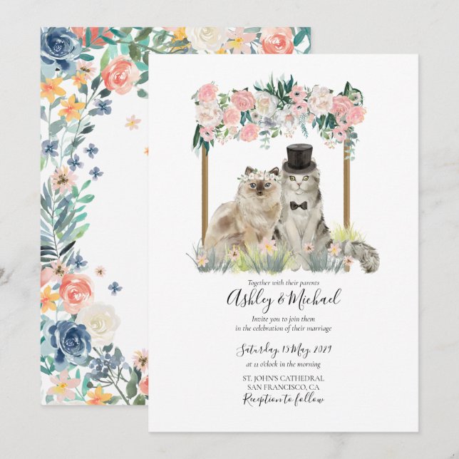 Whimsisches Aquarellkat Pink White Floral Arbour Einladung (Vorne/Hinten)