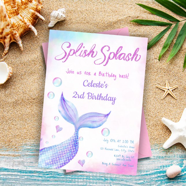 Whimsisches Aquarellmaid Splish Splash Glitzer Einladung (Create mer-mazing memories with our customizable 'Splish Splash' invitation!)
