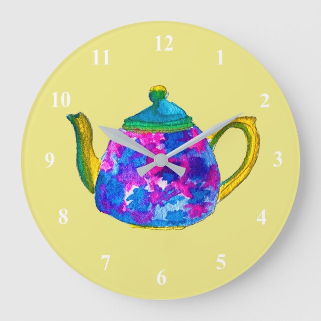 Whimsisches Aquarellteapot Große Wanduhr (Vorderseite)