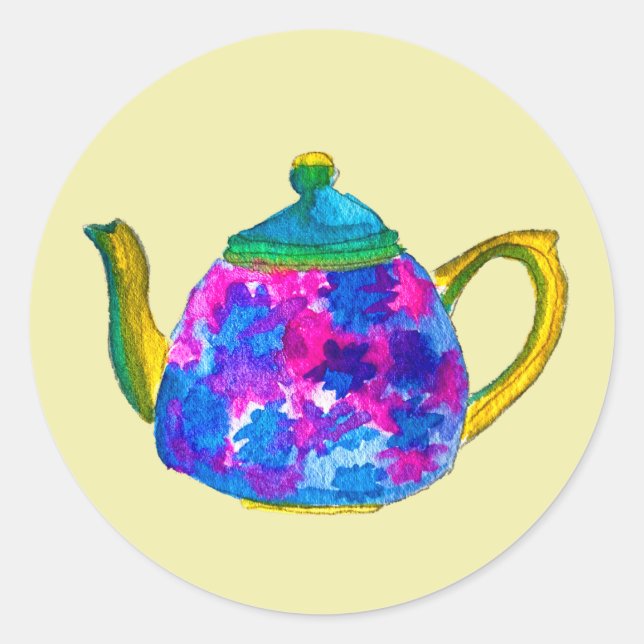 Whimsisches Aquarellteapot Runder Aufkleber (Vorderseite)