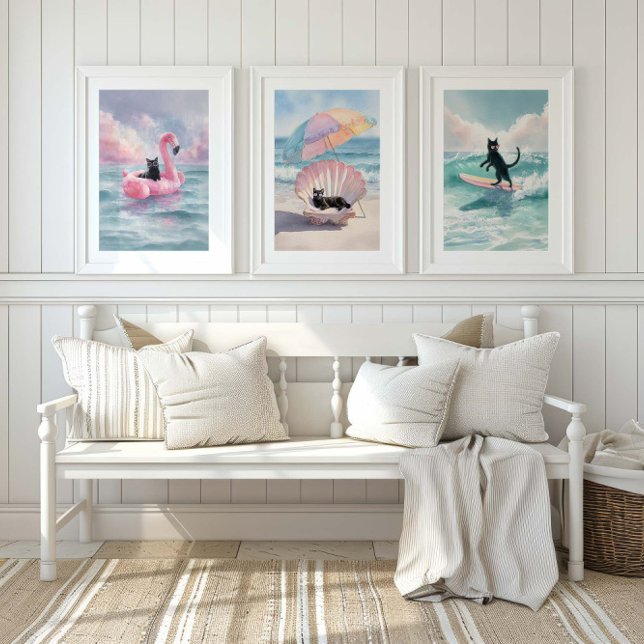 Whimsisches Black Cat Beach Print Set: Beach Life Bilderwand Sets (Von Creator hochgeladen)