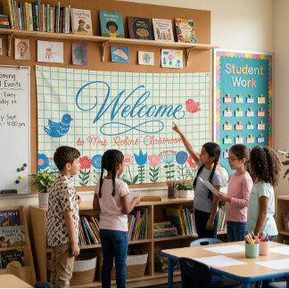 Whimsisches Blumen- und Vogel-Klassenraum-Willkomm Banner