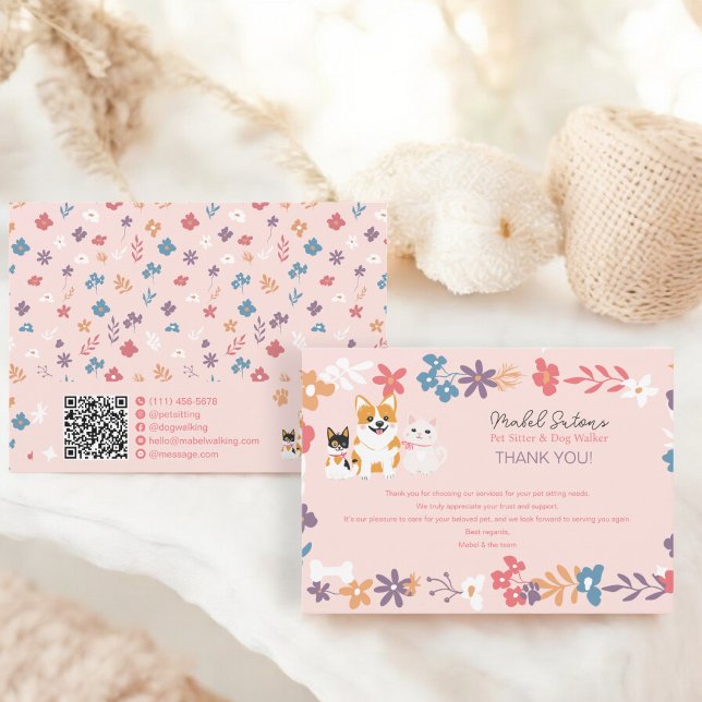 Whimsisches Blumentierliebhabergeschäft Dankeskarte (Whimsical floral pet sitter dog walker business thank you card)