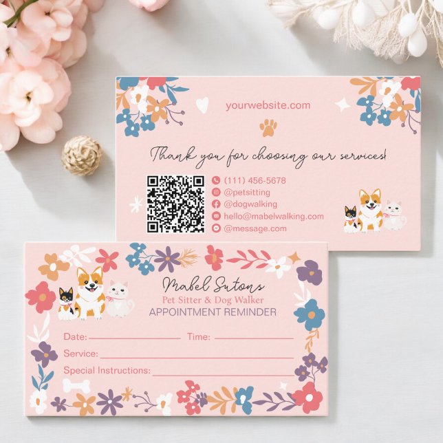 Whimsisches Blumentierliebhabergeschäft Terminkarte (Whimsical floral pet sitter dog walker business appointment card)