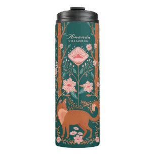 Whimsisches Blumenwald Fox Folklorekunst Grün Thermosbecher