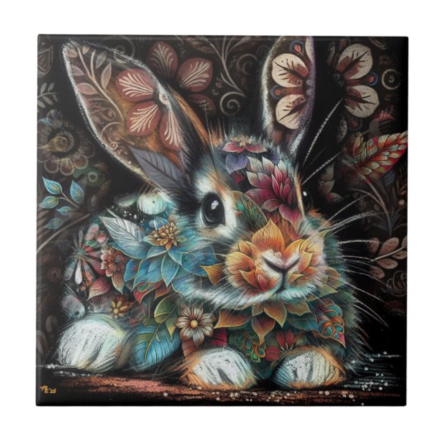 Whimsisches Bunny Rabbit Abstrakt Black Aquamarin Fliese (Vorderseite)