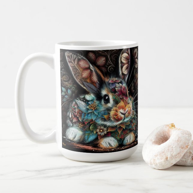 Whimsisches Bunny Rabbit Abstrakt Black Aquamarin Kaffeetasse (Mit Donut)