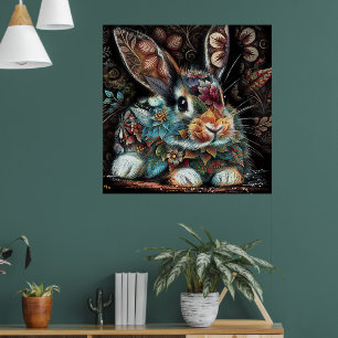 Whimsisches Bunny Rabbit Abstrakt Black Aquamarin Poster