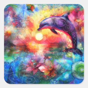 Whimsisches Delphin Coastal Nautical Floral Aquama Quadratischer Aufkleber