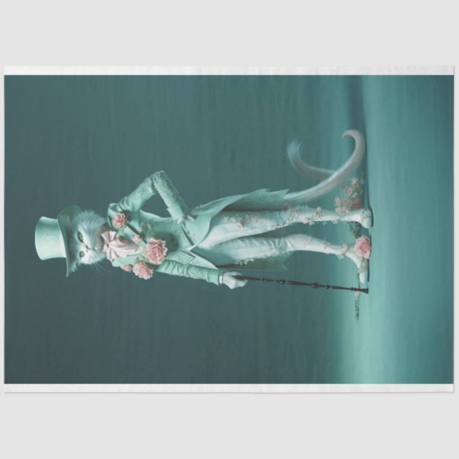 Whimsisches Fantasy Fury Sage Green Cat Dekoupage Seidenpapier (Vorderseite)