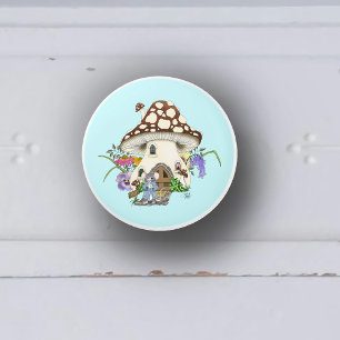 Whimsisches Fantasy-Maus-Pilzhaus Floral Blau Keramikknauf
