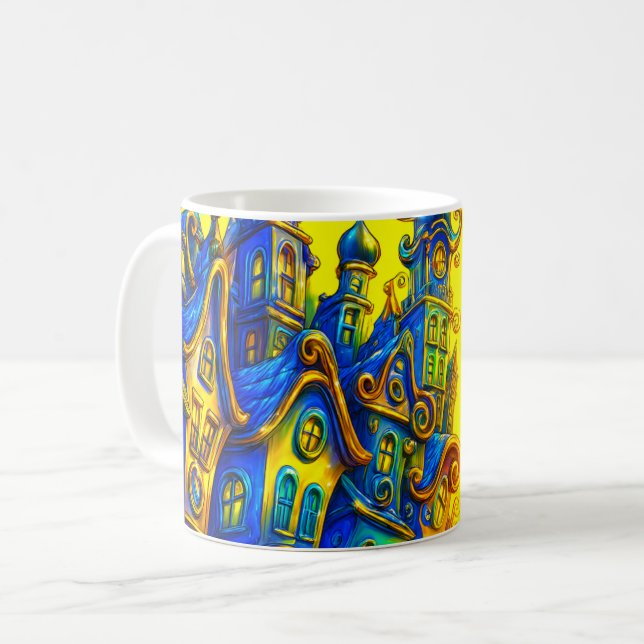 Whimsisches farbiges Haus Kaffeetasse (Vorderseite Links)