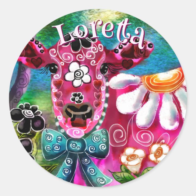 Whimsisches Floral Kuh Pink Aquamarin Schwarz Pers Runder Aufkleber (Vorderseite)