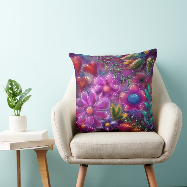 Whimsisches, florales, Abstraktes Lila Rosa Blume Kissen (Stuhl )